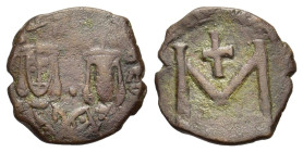 Michael II with Theophilus. AD 820-829. Æ Follis (20 mm, 3,5 g) Constantinople. MIXAHL S ΘЄOFILOS, crowned facing busts of Michael and Theophilus, cro...