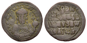 Romanus I Lecapenus AD 920-944. Æ Follis (28,8 mm, 5,7 g) Constantinople. Crowned, bearded, facing bust of Romanus, wearing chlamys, holding labarum a...