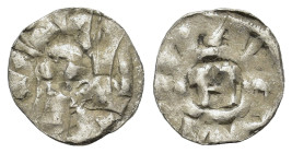Italy, Lucca. Enrico III, IV or V. AD 1039-1125. AR Denaro (14,2 mm, 0,8 g). Monogram. R/ LVCA. Biaggi 1058. 
