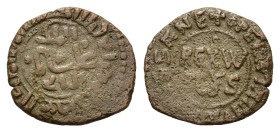 Italy, Sicily, Messina. Guglielmo II. AD 1166-1189. Æ Half Follaro (14 mm, 1,2 g). REX W SCUS. R/ Kufic legend. Spahr 119; MIR 38. 