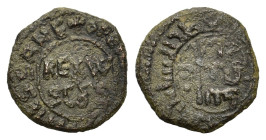 Italy, Sicily, Messina. Guglielmo II. AD 1166-1189. Æ Half Follaro (14 mm, 0,7 g). REX W SCUS. R/ Kufic legend. Spahr 119; MIR 38. 
