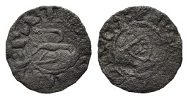 Italy, Messina. Enrico VI. AD 1191-1197. BI Denaro (15,2 mm, 0,5 g). In the name of Federico II. Crowned bust facing. R/ Eagle facing, head l. Spahr 3...