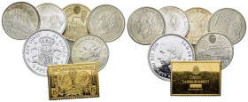 Spain, Large lot of 7 AR mixed coins, including a golden plated stamp ingot (fineness .925). Total weight: 142 g.