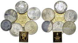 Spain, Large lot of 8 AR mixed coins , including a golden plated stamp ingot and medal (fineness .925). Total weight: 147 g.