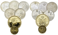 Spain, Large lot of 7 AR coins, including two golden plated medals. Total weight: 137 g.