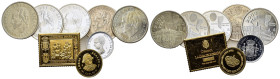 Spain, Large lot of 8 AR mixed coins , including a golden plated stamp ingot (fineness .925). Total weight: 124 g.