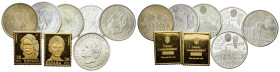 Spain, Large lot of 8 AR mixed coins , including two golden plated stamp ingots (fineness .925). Total weight: 138 g.