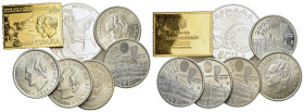 Spain, Large lot of 7 AR mixed coins , including a golden plated stamp ingot (fineness .925). Total weight: 150 g.