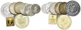 Spain, Large lot of 8 AR mixed coins, including a golden plated stamp ingot (fineness .925). Total weight: 151 g.