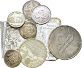 Spain, Large lot of 9 AR coins and medals, including a fine silver ingot. Total weight: 117 g.