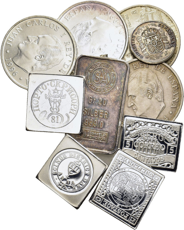 Spain, Large lot of 10 AR medals, including a fine silver .999 barr ingot by Arg...