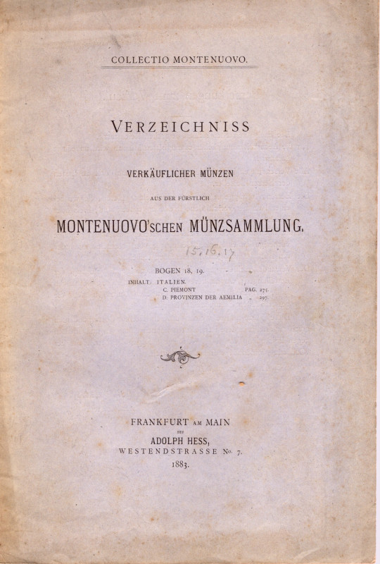 HESS A. Frankfurt am Main, 1883. Verzeichniss Sammlung Montenuovo. 18 – 19 bogen...