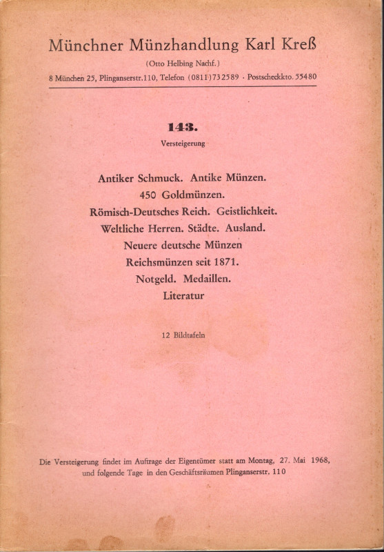 KRESS K. – Auktion 143. Munchen, 27 – Mai, 1968. Munzen antike und meittelalters...