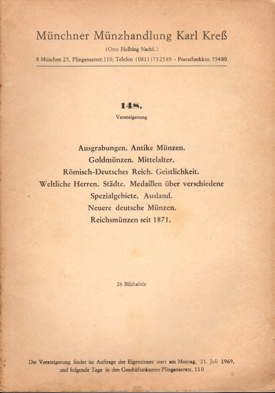 KRESS K. – Auktion 148. Munchen, 21 – Juli, 1969. Munzen antike und meittelalter...