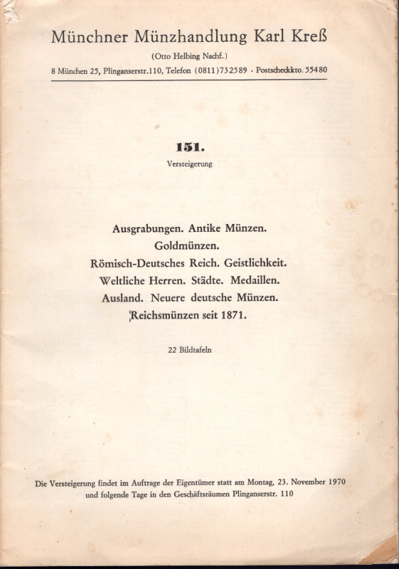 KRESS K. – Auktion 151. Munchen, 23 – Novemberi, 1970. Munzen antike und meittel...