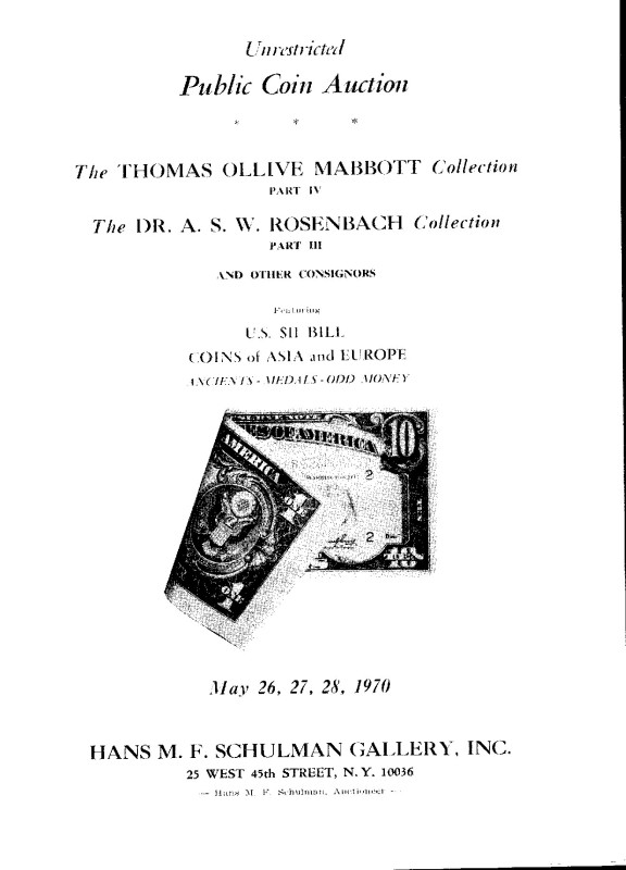 SCHULMAN H. F. - New York, 26 – May, 1970. Coll. Thomas Ollive Mabbott IV part –...