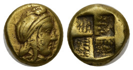 Greek
MYSIA.Kyzikos. (Circa 450-330 BC).
EL Hekte (10.59mm 2.65g)
Obv: Head of Attis right, wearing Phrygian headdress; below, tunny right
Rev: Qu...