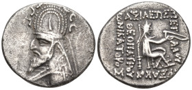 Greek
PARTHIAN KINGDOM. Sinatruces ( 93-69 BC).
AR Drachm (17.7mm 3.85g)
Obv: Diademed bust of Sinatruces left, wearing tiara ornamented with horn ...