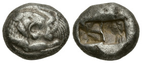 Greek
KINGS of LYDIA. Kroisos (circa 560-546 BC). Sardes
AR Siglos (13.9mm 5.28) .
Obv: Confronted foreparts of a lion and a bull.
Rev: Two incuse...