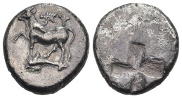 Greek
THRACE. Byzantion. (Circa 340-320 BC).
AR Siglos (17.6mm 5.02g)
Obv: ΠΥ. Bull standing left on dolphin left.
Rev: Stippled quadripartite incuse ...