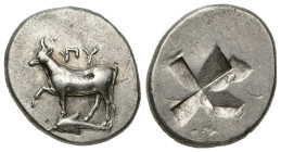 Greek
THRACE. Byzantion. (Circa 340-320 BC).
AR Siglos (18.16mm 5.31g)
Obv: ΠΥ. Bull standing left on dolphin left.
Rev: Stippled quadripartite in...