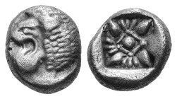 Greek
IONIA. Miletos. (Late 6th-early 5th centuries BC).
AR Diobol (9.2mm 1.14g)
Obv: Forepart of lion right, head left.
Rev: Stellate floral desi...