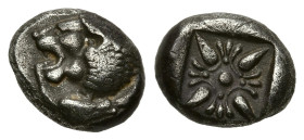 Greek
IONIA. Miletos. (Late 6th-early 5th centuries BC).
AR Diobol (9.9mm 1.3g)
Obv: Forepart of lion right, head left.
Rev: Stellate floral desig...