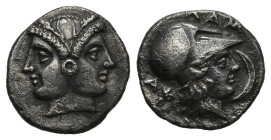 Greek
MYSIA. Lampsakos. (4th-3rd century BC).
AR Diobol (12.35mm 1.13g)
Obv: Female janiform head.
Rev: ΛAM.Helmeted head of Athena right; star to...