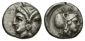 Greek
MYSIA. Lampsakos. (Circa 390-330 BC).
AR Diobol (10.9mm 1.11g)
Obv: Janiform female head with circular earring.
Rev: ΛΑ-Μ Head of Athena to ...