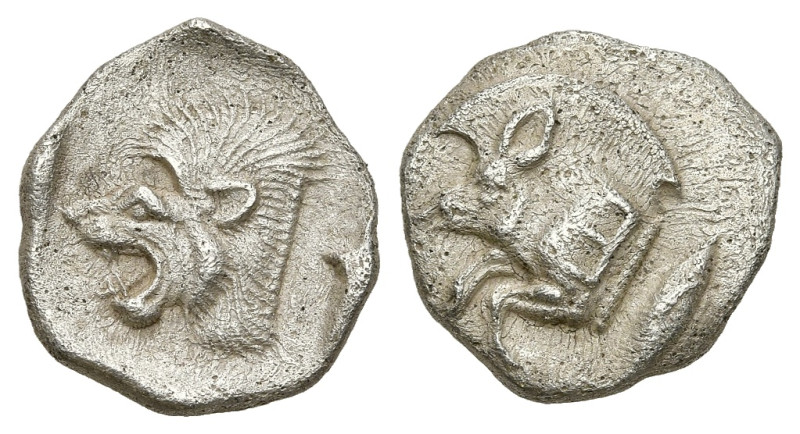Greek
MYSIA. Kyzikos. (Circa 450-400 BC).
AR Obol (11.3mm 0.83g)
Obv: Forepar...