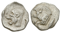 Greek
MYSIA. Kyzikos. (Circa 450-400 BC).
AR Obol (11.3mm 0.83g)
Obv: Forepart of boar left, with E (retrograde) on shoulder; to right, tunny upwar...