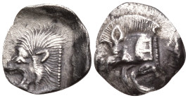 Greek
MYSIA. Kyzikos. (Circa 450-400 BC).
AR Obol (12mm 0.74g)
Obv: Forepart of boar left, with Ǝ on shoulder; to right, tunny upward.
Rev: Head o...