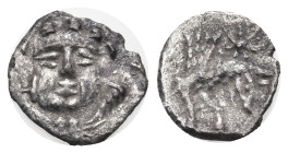 Greek
LYKAONIA. Laranda. (Circa 324-323 BC).
AR Obol (9.29mm 0.43g)
Obv: Facing head of Herakles, with club; H to left
Rev. Forepart of wolf right...