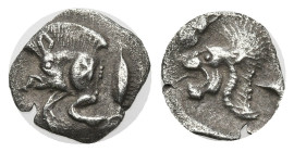 Greek
MYSIA. Kyzikos. (450-400 BC).
AR Hemiobol (8.55mm 0.27g)
Obv: Forepart of boar left; tunny to right; retrograde K on shoulder.
Rev: Head of ...