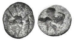 Greek
MYSIA. Kyzikos. (Circa 550-500 BC).
AR Hemiobol (7.7mm 0.35g)
Obv: Facing head of a stag; tunny to left and right.
Rev: Quadripartite incuse...