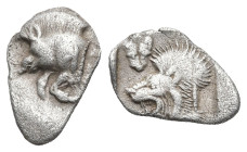 Greek
MYSIA. Kyzikos. (Circa 450-400 BC).
AR Hemiobol (11.2mm 0.37g).
Obv: Forepart of a boar left, retrograde K on its shoulder; to right, tunny u...