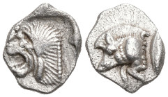 Greek
MYSIA. Kyzikos. (Circa 450-400 BC).
AR Hemiobol (8mm 0.43g)
Obv: Forepart of boar left; to right, tunny upward.
Rev: Head of roaring lion le...