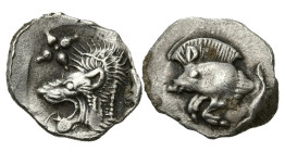 Greek
MYSIA. Kyzikos. (Circa 450-400 BC).
AR Hemiobol (10.1mm 0.41g)
Obv: Forepart of boar left; to right, tunny upward.
Rev: Head of roaring lion...