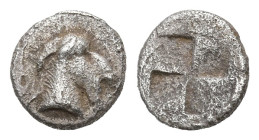 Greek
ASIA MINOR. Uncertain. (Circa 5th century BC).
AR Hemiobol (6.3mm 0.25g).
Obv: Head of a goat to right.
Rev: Quadripartite incuse square.
T...