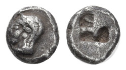 Greek
IONIA. Kolophon. (6th century BC).
AR Tetartemorion (5.34mm 0.26g)
Obv: Archaic head of Apollo left.
Rev: Quadripartite incuse square.
Cf. ...