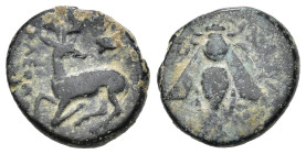 Greek
IONIA. Ephesos. (Circa 390-300 BC).
AE Bronze (13.65mm 2.12g)
Obv: Ε – Φ. Bee.
Rev: Stag prancing left, head right.
BMC 65(var).