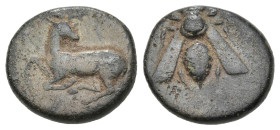 Greek
IONIA. Ephesos. (Circa 390-300 BC).
AE Bronze (12.33mm 1.98g)
Obv: Ε – Φ. Bee.
Rev: Stag prancing left, head right.
BMC 65(var).