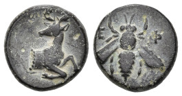 Greek
IONIA. Ephesos. (Circa 390-380 BC).
AE Bronze (12.26mm 1.77g)
Obv: Bee.
Rev: Forepart of stag right, head left.
SNG Copenhagen 244 (var).