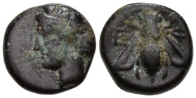 Greek
IONIA. Ephesos. (Circa 390-380 BC).
AE Bronze (10mm 1.42g)
Obv: Head of female (Kybele?) left
Rev: Bee with straight wings; E-Φ across upper...