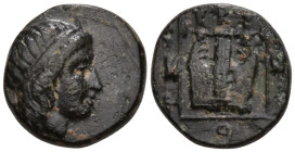 Greek
IONIA. Kolophon. (Circa 389-350 BC).
AE Bronze (12.4mm 2.03g)
Obv: Laureate head of Apollo to right
Rev: Kithara with five strings within li...