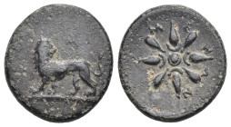 Greek
IONIA. Miletos. Time of Mausolus (377-353 BC).
AE Bronze (15.15mm 2.34g)
Obv: Lion standing left, head right; monogram above.
Rev: Stellate ...