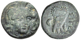 Greek
TROAS. Sigeion. (circa 350-300 BC).
AE Bronze (12.4mm 1.85g)
Obv: Head of Athena facing, turned slightly to right, wearing triple-crested Att...