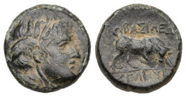 Greek
SELEUKID KINGS of SYRIA. Seleukos I Nikator.(Circa 312-281 BC).
AE Bronze (13.5mm 2.63g)
Obv: Winged head of Medusa right.
Rev: Bull butting...