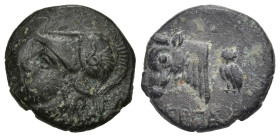Greek
MYSIA. Pergamon. (Circa 310-282 BC).
AE Bronze (16.57mm 3.18g)
Obv: Head of Athena to left, wearing crested Corinthian helmet.
Rev: ΠEPΓA He...