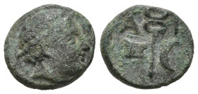 Greek
THRACE. Ainos (circaa 280-200 BC).
AE Bronze (12.26mm 2.1g)
Obv: Head of Hermes right, wearing petatos with narrow brim.
Rev: AI, caduceus b...